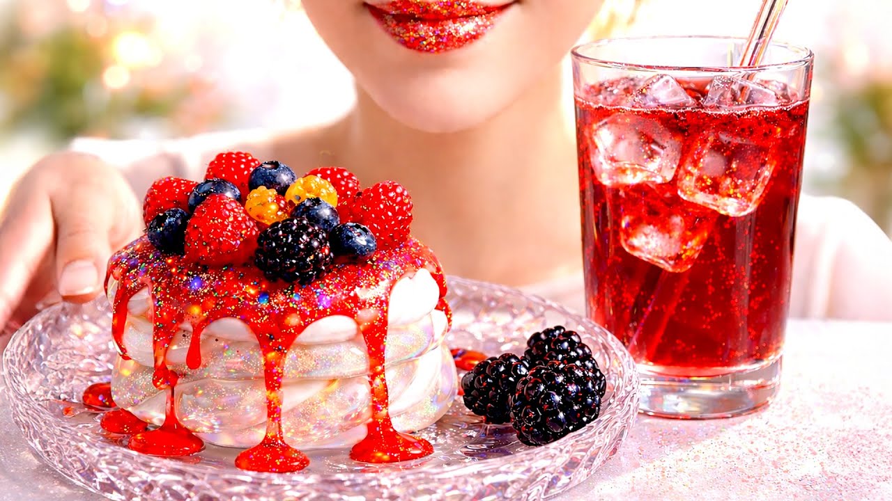 Makin PAVLOVA cake n Raspberry Juice... with GLASS Ingredients 🍜✨ (Satisfying ASMR Cooking)