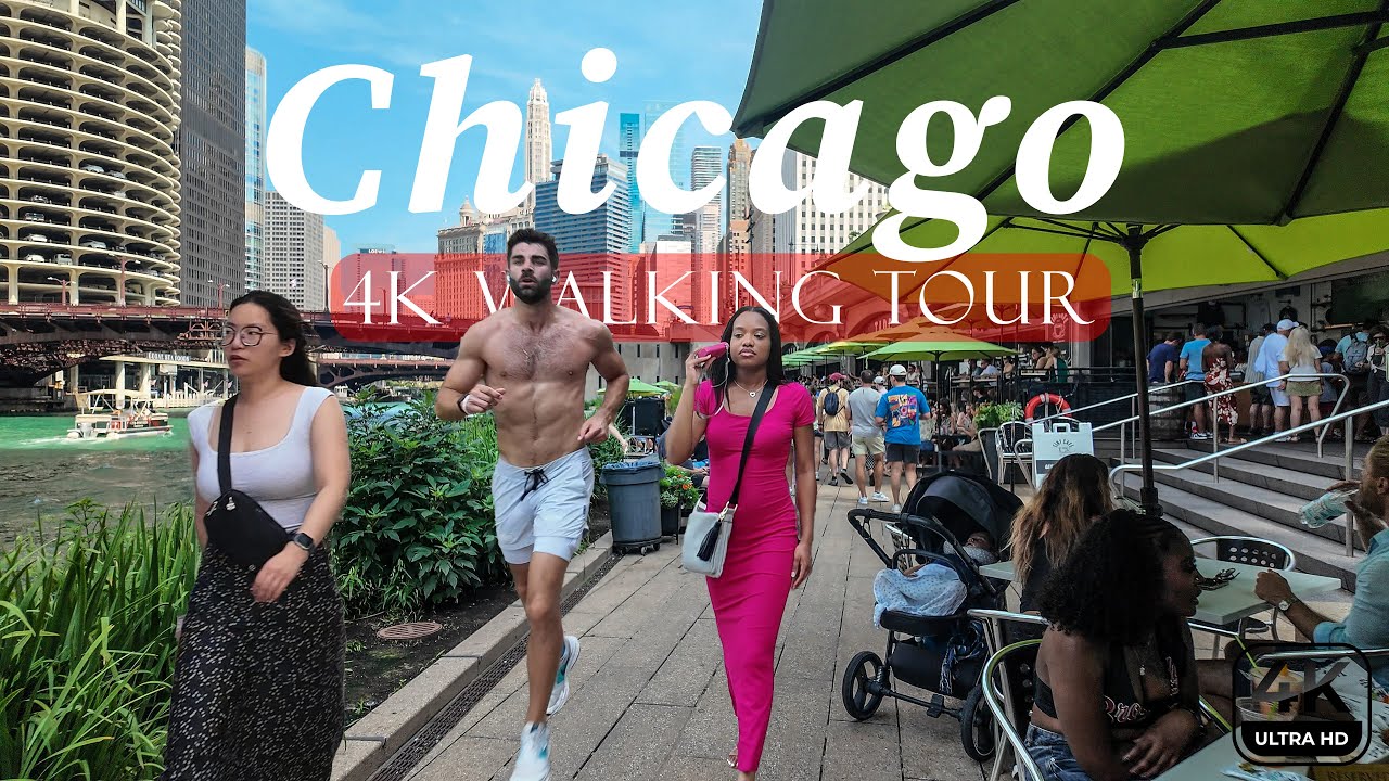Chicago Downtown Riverwalk Walking Tour to Navy Pier 4k Cinematic Virtual Tour City Sounds