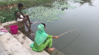 Unique Village boys & Girl Fishing-Fishing With Hook-Traditional Hook Fishing-Village Daily Life..