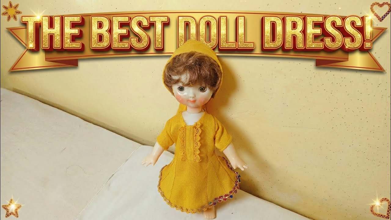 The doll is wearing a yellow dress 