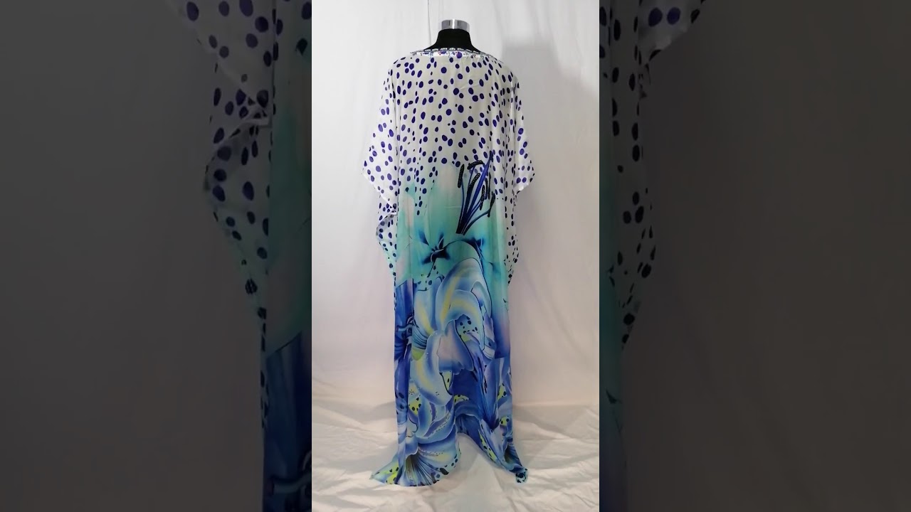 Adorable Abstract floral print Maxi long Kaftan Dress with lovely blue coloured dots and embelli...