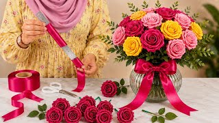 How to Make Beautiful Ribbon Roses with Scale 🌹 | Amazing Ribbon Flower Trick