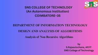 DT Video on Analysis of Non Recursive Algorithm | Design &amp; Analysis of Algorithms | SNS Institutions