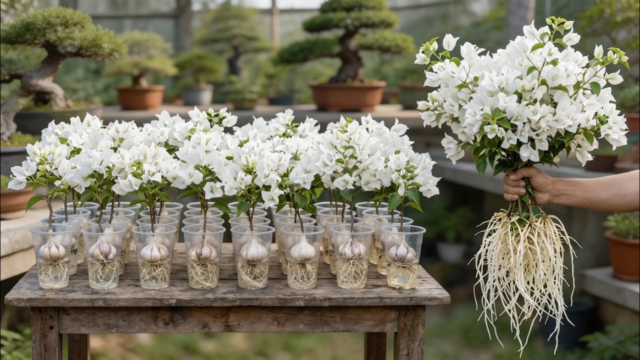 With just garlic, bougainvillea cuttings take root like crazy overnight.