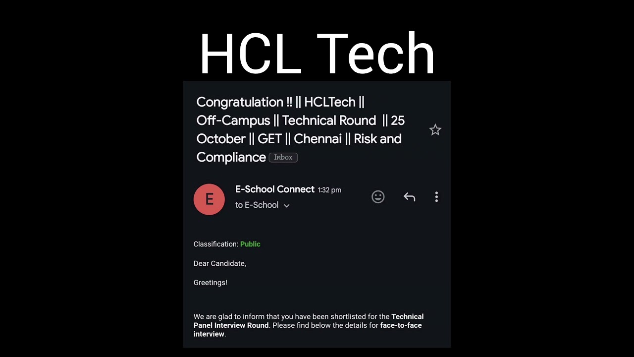 HCL Tech. sending mail to shortlisted candidates for face to face interview 