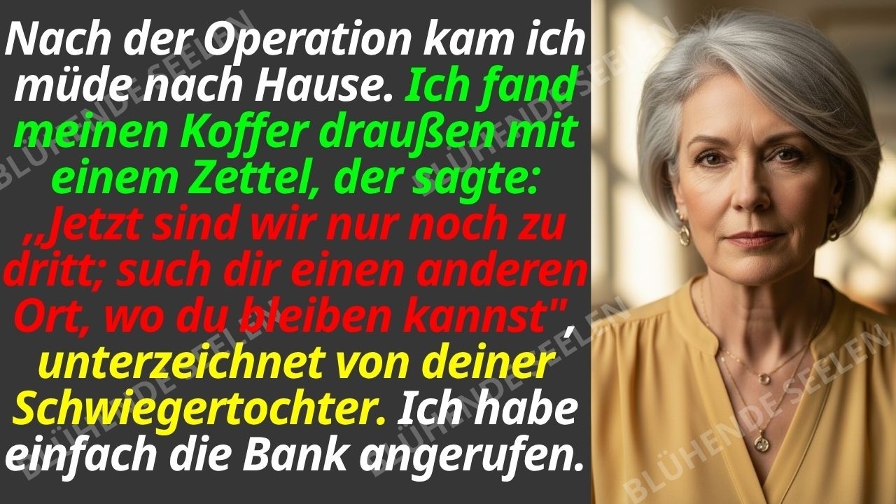 Ich kam aus dem Krankenhaus, und vor meiner Tür stand mein Koffer. Auf dem Zettel stand: „Jetzt sind wir nur noch zu dritt. Such dir einen anderen Ort zum Bleiben.“ Meine Schwiegertochter hatte...