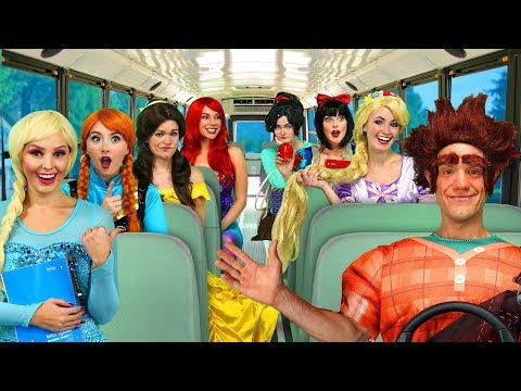 ralph’s-disney-princess-carpool-bus-ride.-(vanelope,-ariel,-rapunzel,-belle,-elsa-and-anna)