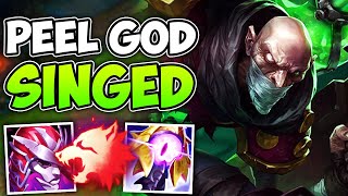 Why Singed is God at peeling for ADCs - Riftmaker + Demonic vs 4 Melee 3 Tanks