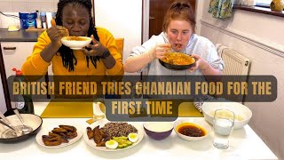 BRITISH FRIEND TRIES GHANAIAN FOOD FOR THE FIRST TIME.|Fufu with Groundnut Soup & Gob3(Gari & Beans)