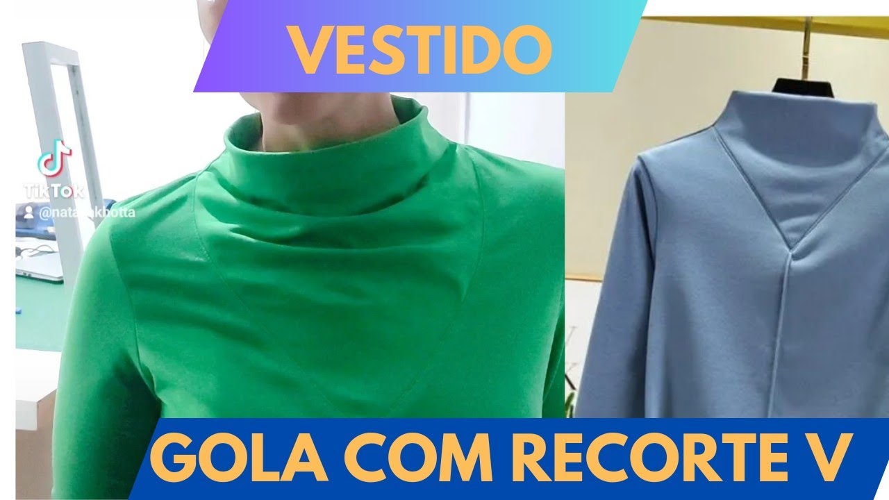 "Vestido  com Gola Alta e Recorte em V"