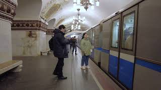Moscow underground metro walking tour. Modern metro trains. Ambient sound