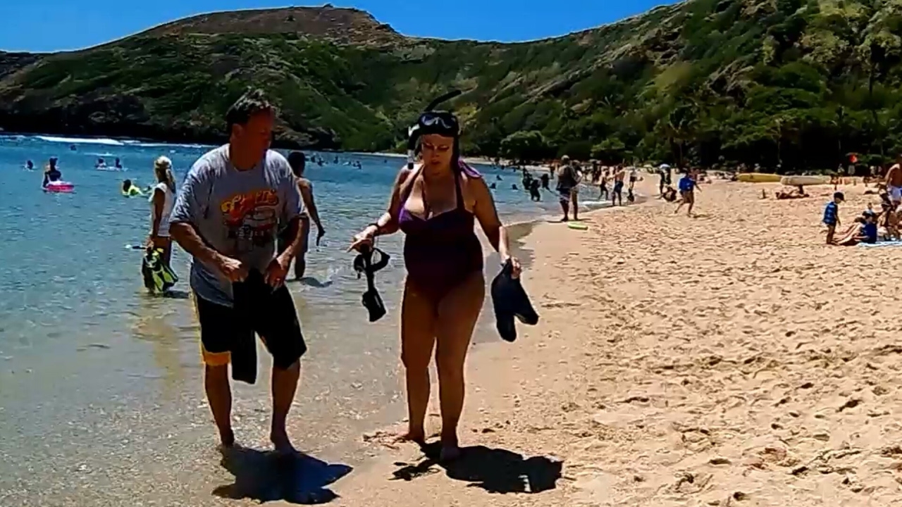 snorkeling in boracay Walking with HD Camera on Hanauma Bay Beach, Honolulu, Oahu Island, Hawaii