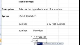sinh function in excel