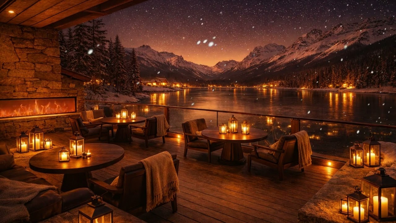 Cozy Winter Cabin ❄️ Fireplace Glow & Frozen Lake Night Ambience