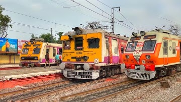 Back to back unique model EMU trains perfect timing crossing at busy Belur station!