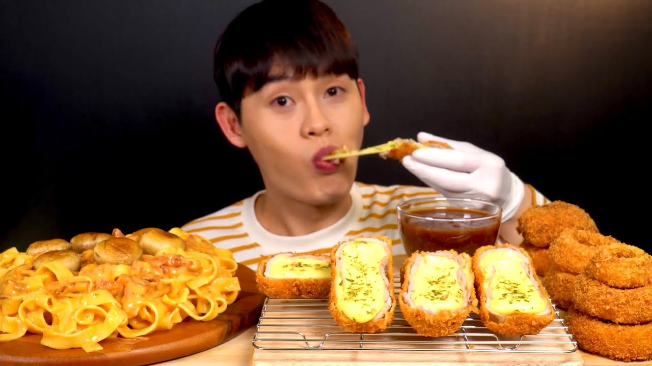 ASMR 불닭크림파스타🔥 직접만든 치즈돈까스 바삭한 어니언링 먹방~! Spicy Cream Pasta🍝 With Cheese Pork Cutlet 🧅Ring MuKBang~!