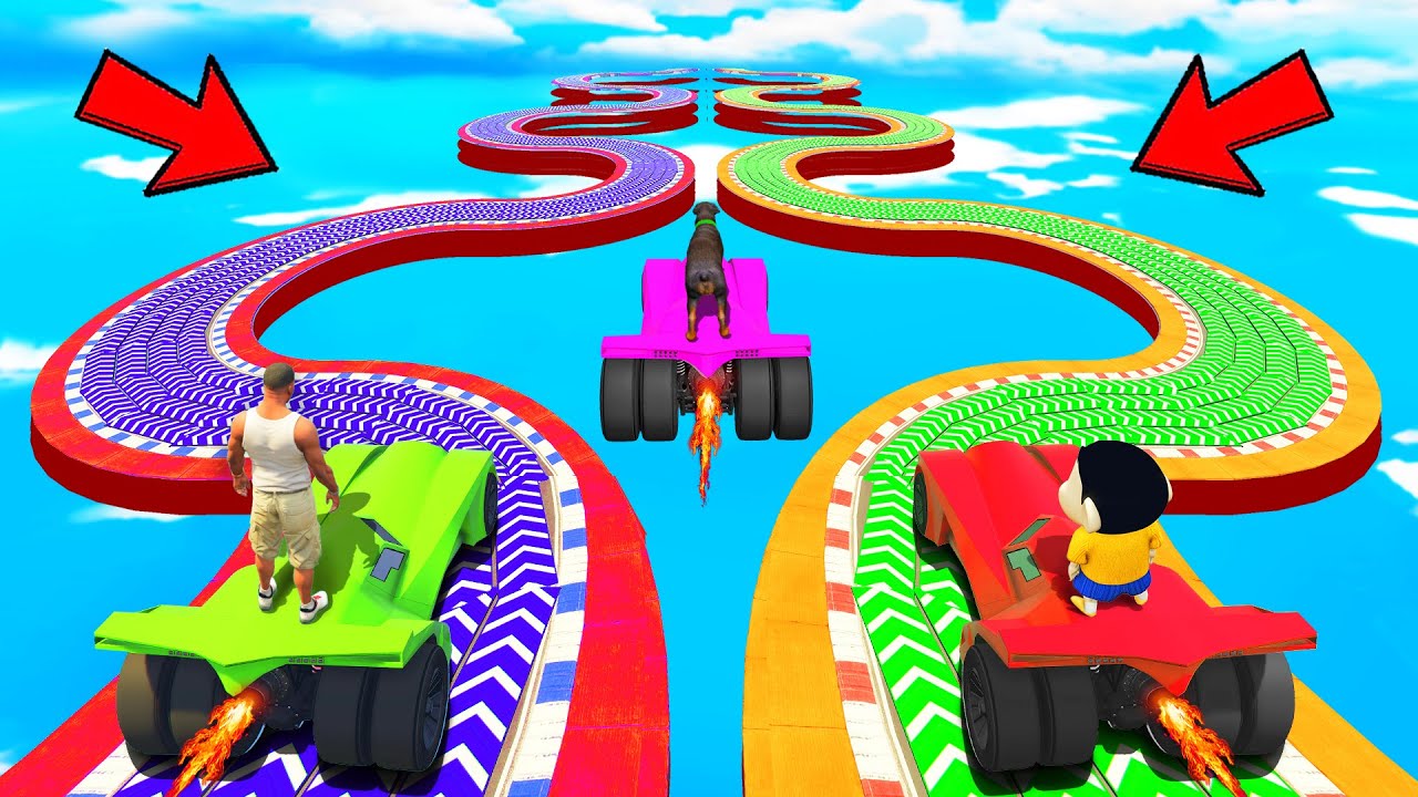 SHINCHAN AND FRANKLIN TRIED CRAZY DUAL BLUE & GREEN SPEED BOOSTER ROAD PARKOUR CHALLENGE GTA 5