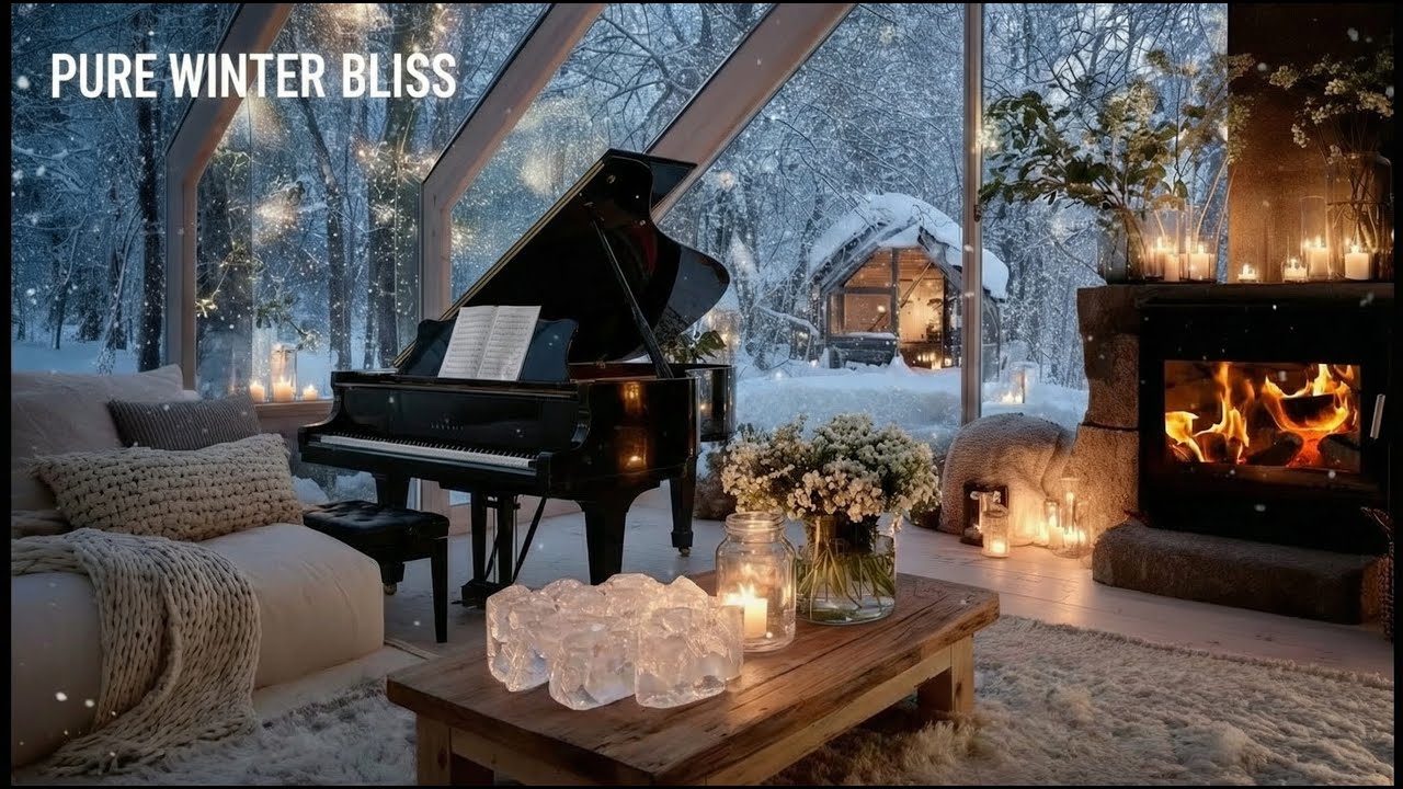 Serene White Lounge Piano - Snowy Cabin View • Calm Mind Meditation 🌸 - piano music, winter