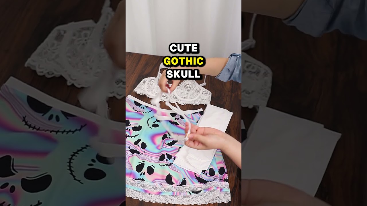 Lace Babydoll , Cute Gothic Skull Lingerie Short Skirt Sleepwear Set  