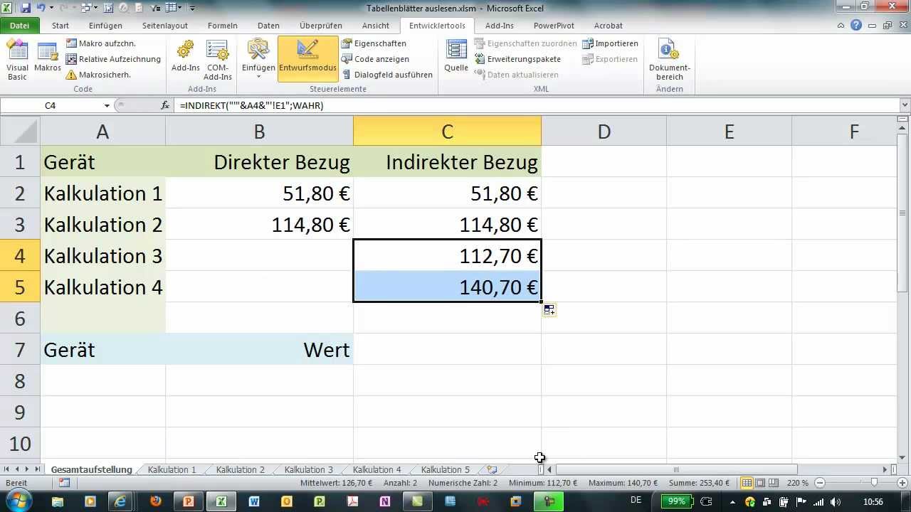 Excel Indirekt Werte Aus Anderen Tabellenblattern Auflisten Youtube