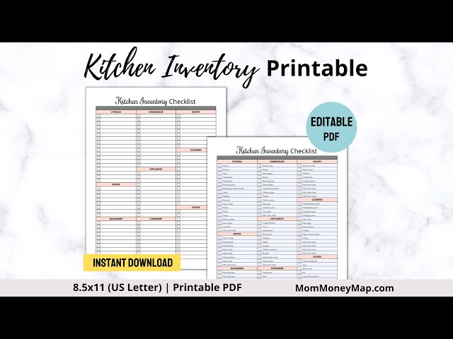 Kitchen Essentials Printable Checklist, Kitchen Inventory, Kitchen