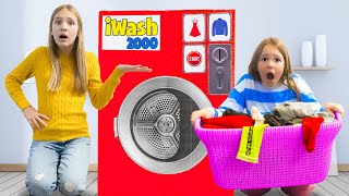 Amelia, Avelina & Akim Pretend Play with Washing Machine Toys and Helping Their Friends