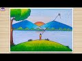 How to draw a boy flying a kite | Simple oilpastel drawing