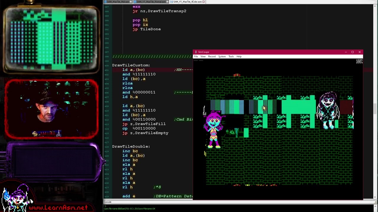 Z80 Lesson P103 - Sam Coupe MaxTile software tilemap in 4 colors