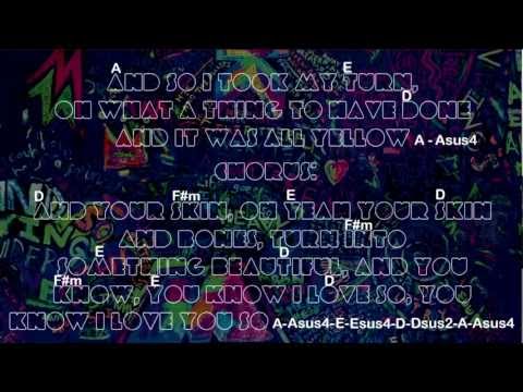 Coldplay - Yellow (How to play with guitar chords - backing track and lyrics)HD