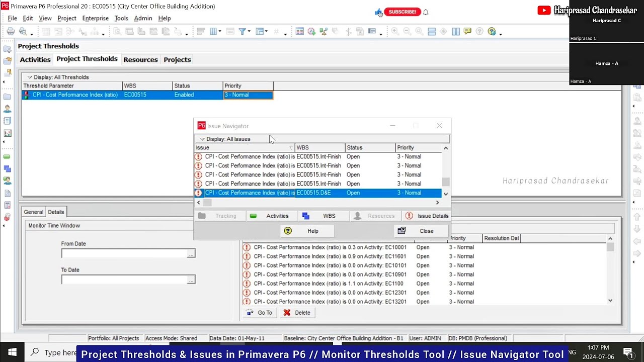 Project Thresholds & Issues in Primavera P6 // Monitor Thresholds Tool ...
