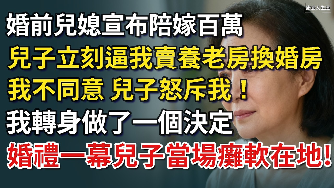 婚前兒媳宣布陪嫁百萬，兒子立刻逼我賣養老房換婚房，我不同意，兒子怒斥我！我轉身做了一個決定，婚禮一幕兒子當場癱軟在地​！【康養人生道】 #康養人生道 #上了年紀該明白的事 #養老 #聰明老人