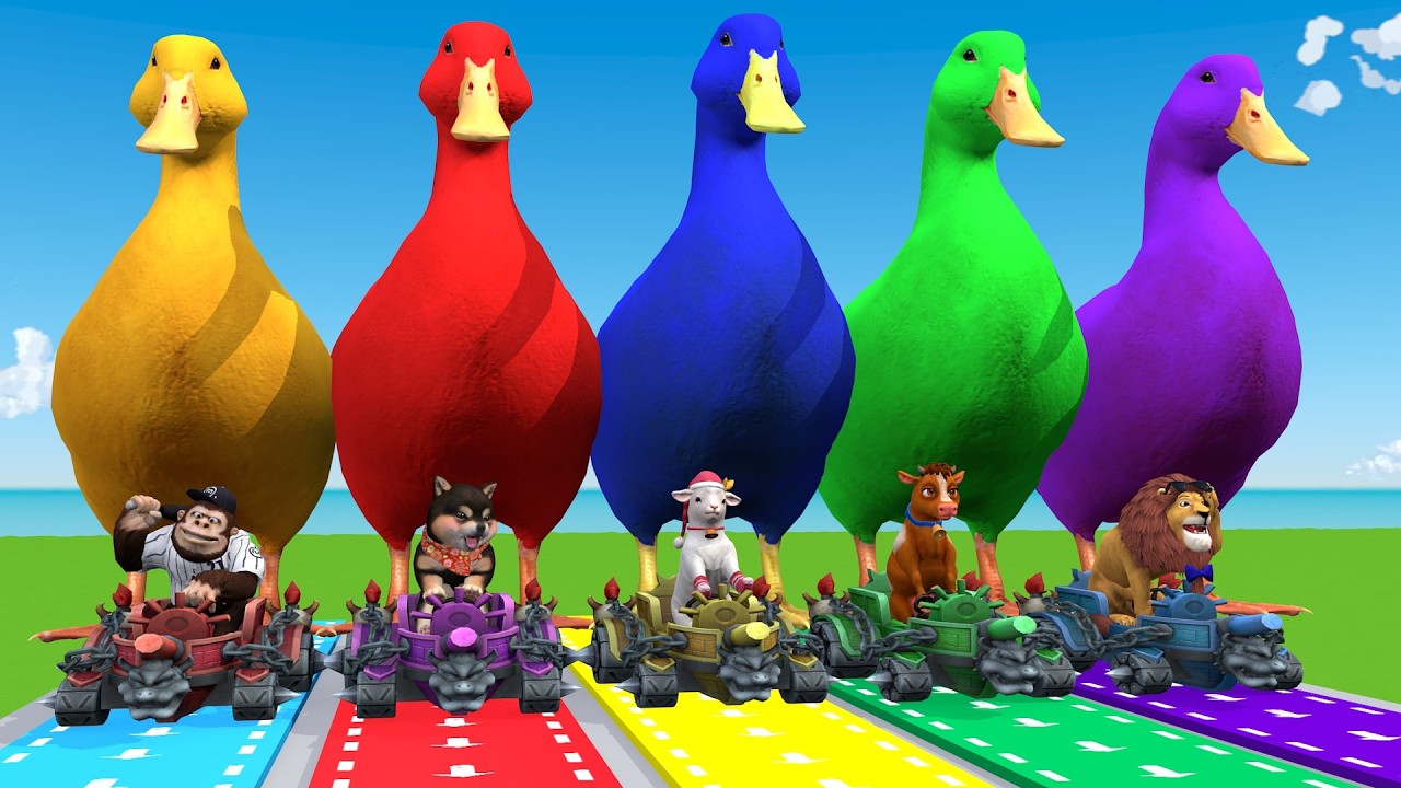 5 Giant Duck Cartoon,Cow,Elephant,Tiger,Lion,Dinosaur,Paint Wild Animals Crossing Fountain Animation