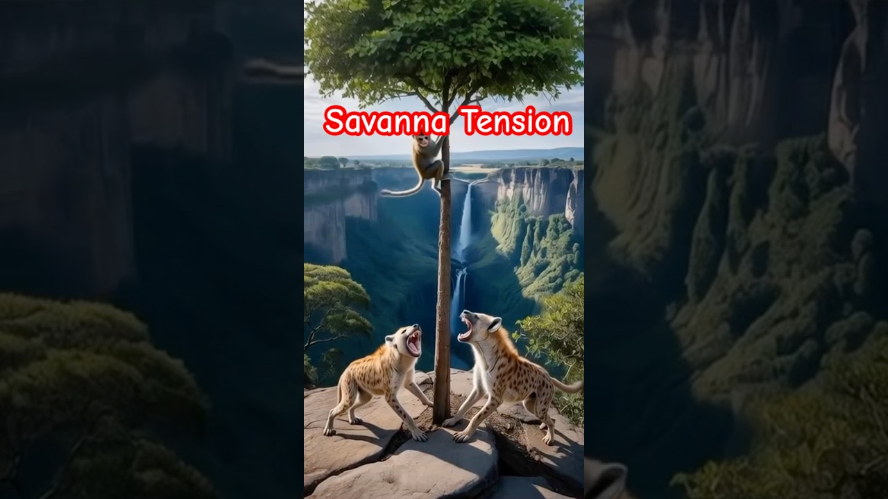 A terrified monkey clings to a tree… while hungry hyenas wait below 