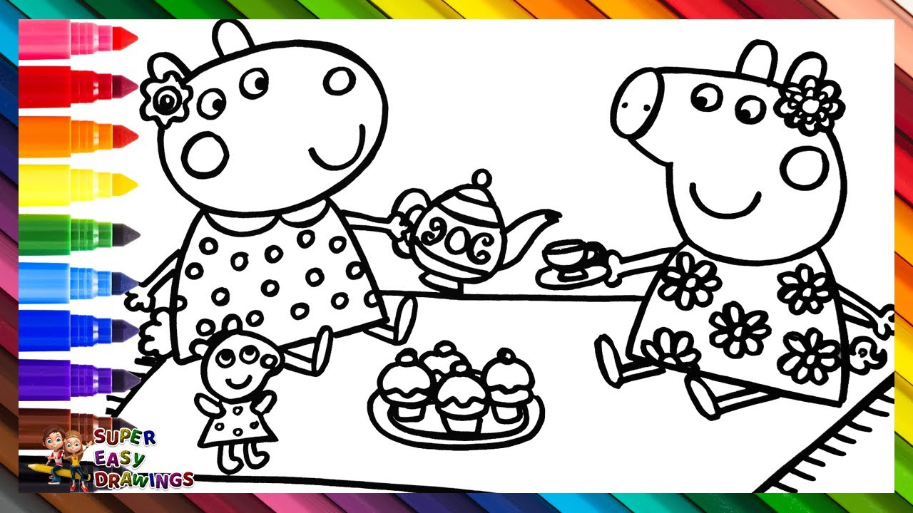 Draw and Color Peppa Pig and Suzy Sheep at a Tea Party 🐷🧸🫖🍵🧁🐑🌈 Drawings for Kids