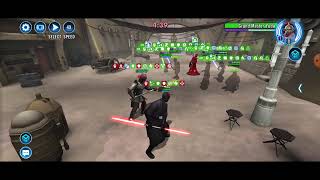 Bane/DMaul (Evasion up, 80% D) vs. QA/POW/MQG/GMY/Barriss (L9 MQG, retaliate, 2% HP): 64 banners