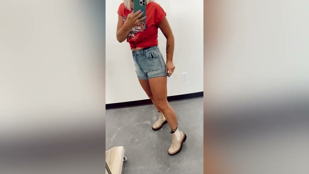 Varley Denim Short Try-on. Sandandcharcoal.com to shop