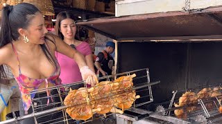 Hardworking Thai Lady Cooking Grilled Chicken in Pattaya Restaurant -Thai Street Food 