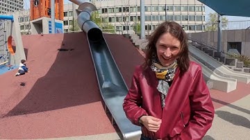 2 French girls glide down the Boston cop slide