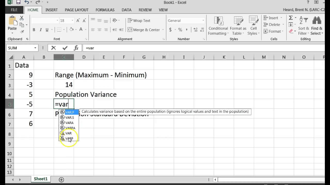 Getting the Population Variance and Population Standard Deviation Using  Excel