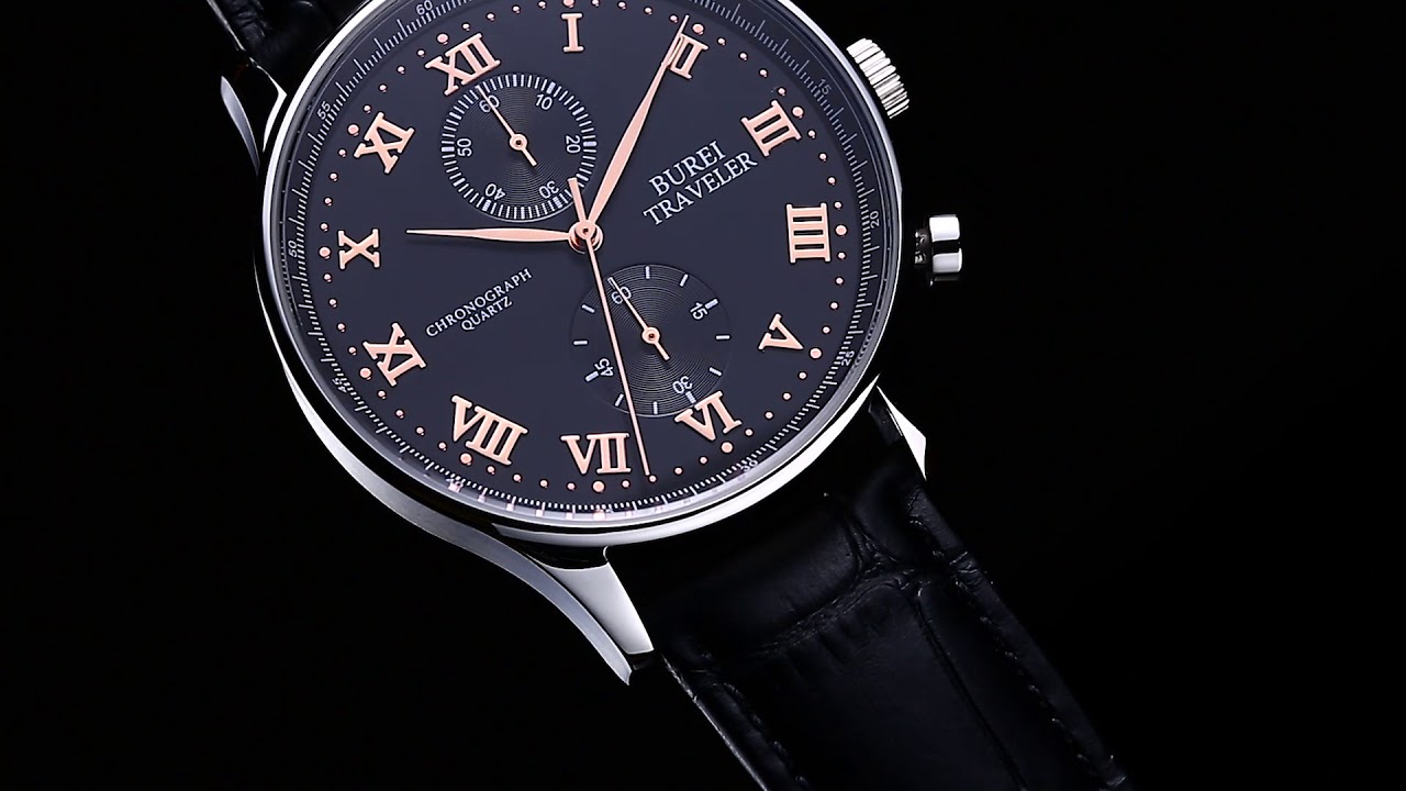 BUREI Men's Multifunction Chronograph Sports Watch with Gold Hands Black Dial and Leather Band