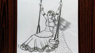 How to draw Beautiful Traditional Girl on Swing | Pencil Sketch | Bride Drawing | Girl Drawing