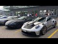 Best of supercars leaving car meets 2023  loud accelerations rare cars f8 close call etc