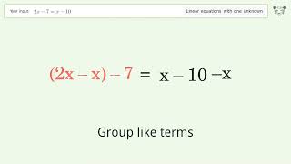 Linear equation with one unknown: Solve 2x-7=x-10 step-by-step solution