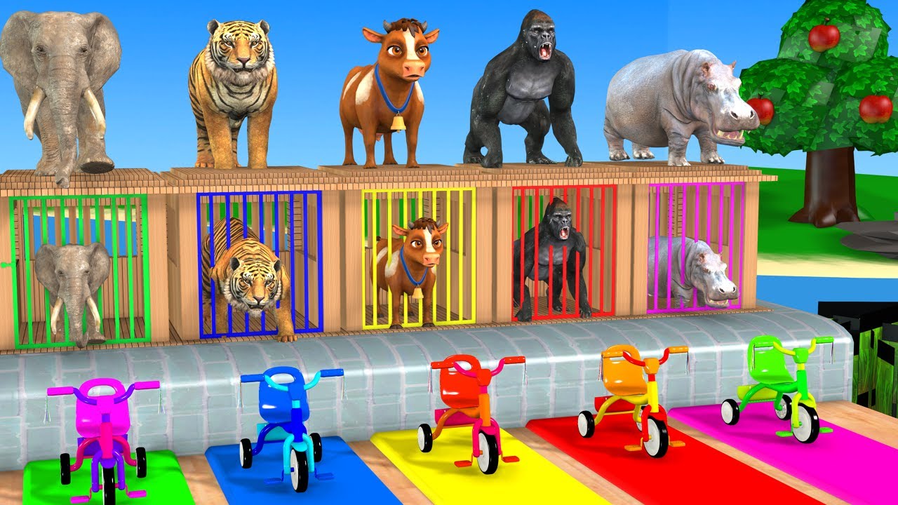 Длинная горка с коровой, слоном, гориллой, бегемотом, тигром, 3D-игра с животными, забавные 3D-жи...