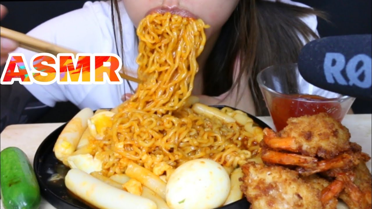 ASMR KOREAN CHEESY SPICY NOODLE + Tteokbokki RICE CAKES + FRIED SHRIMP ( EATING SOUNDS ) MUKBANG 먹방