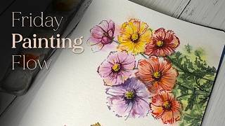 Watercolor Flowers Painting | Wet on Wet - Wet on Dry | No Talking - Real Time​​​​​​​​​​​​​​​​