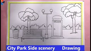 Park Side Scenery Drawing | park bench | Scenery of city park step by step
