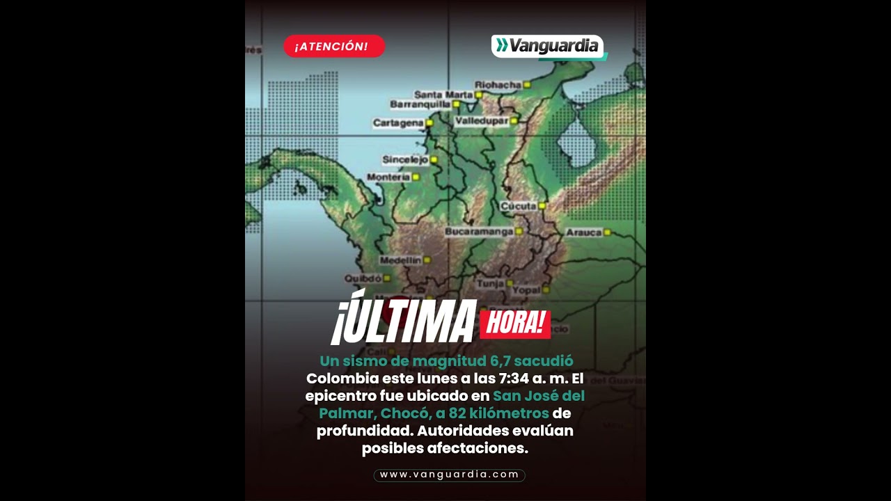 Miniatura de YouTube: Fuerte sismo de magnitud 6,7 sacudió a Colombia este lunes: epicentro fue en Chocó | Vanguardia
