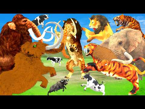 10 Giant Lion Mammoth vs 10 Giant Tiger Attack 10 Cow Lion Cub Saved By Woolly Mammoth
