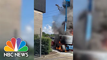 Watch: Man Jumps From Burning Cherry Picker